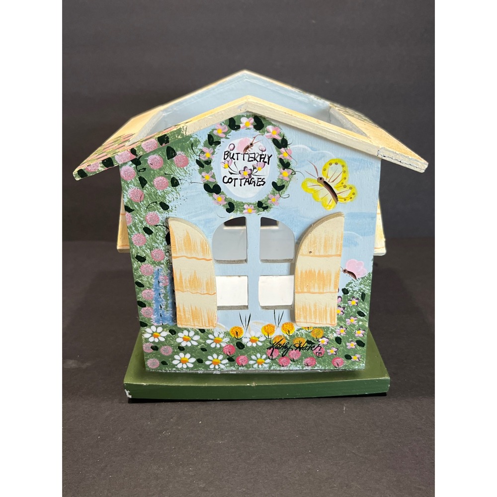 Kathy Hatch Butterfly Cottages Hand Painted Wooden Jar Candle/tissue  Box Holder